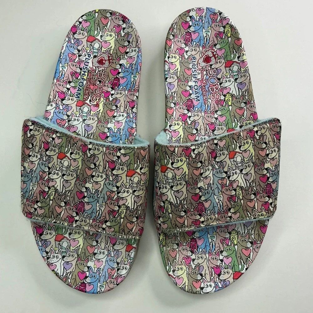 Skechers Multicolor BOBS Dog Print Kids 6 Slides 113735 Plush Foam Sandals